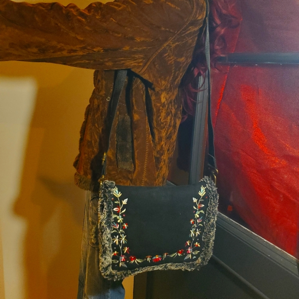 Old Navy Faux Fur Floral Embroidery Winter Crossbody Bag